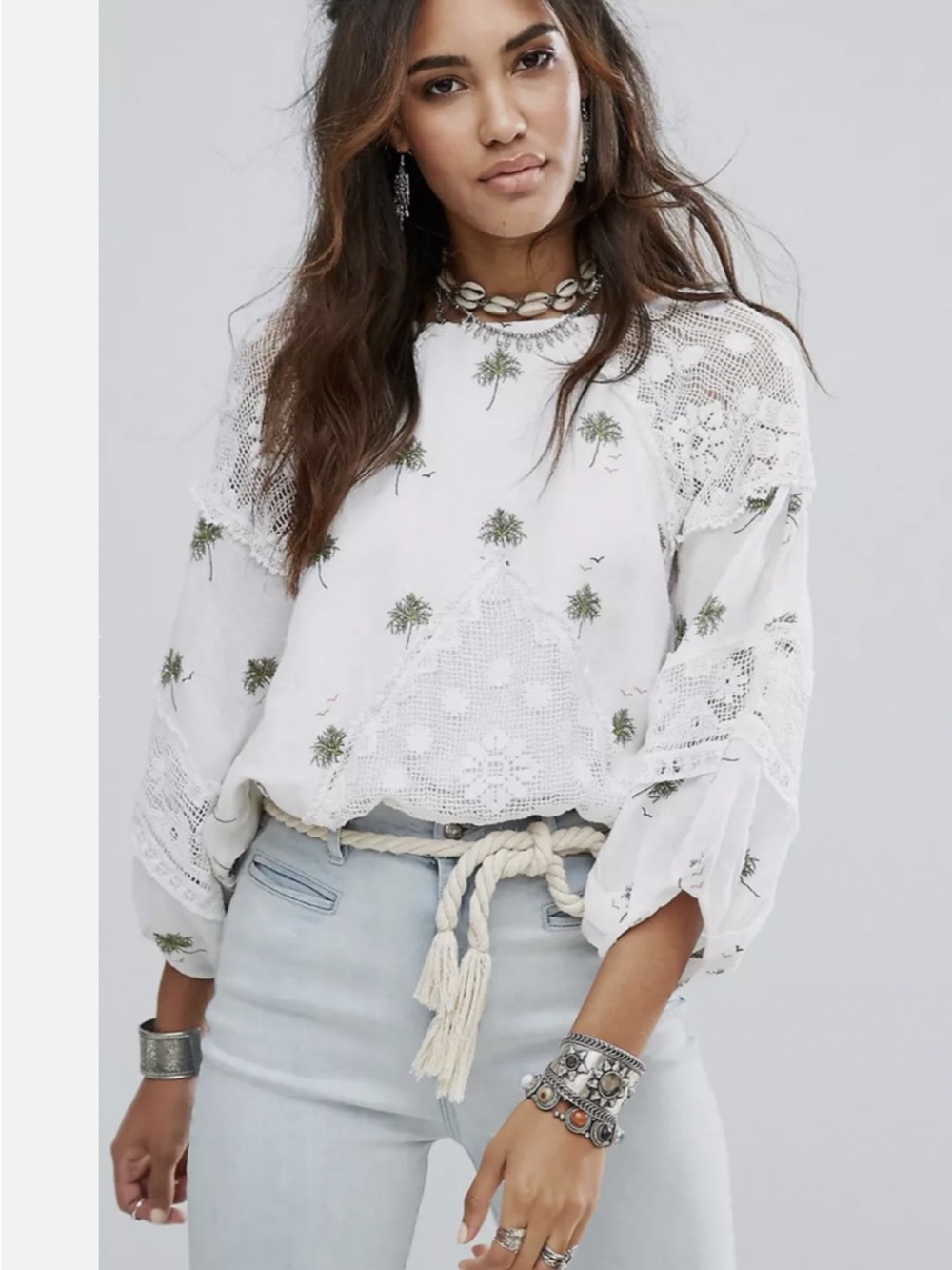 Free People White Cropped Boho Blouse with Green Palm Embroidery
